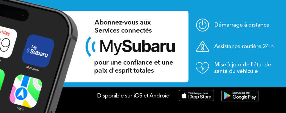 Le système de Services connectés MySubaru®1 est une technologie véhiculaire qui relie votre Subaru au monde qui l'entoure